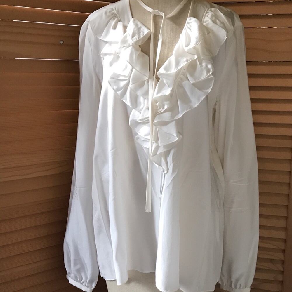 Emilio Pucci Blouse Womens SIze 10 40 Coquette Ruffle 100% Silk V-Neck Top NWOT